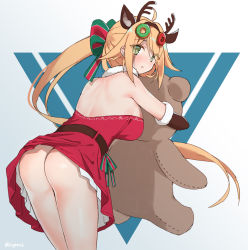 Rule 34 | 1girl, animal ears, antlers, ass, back, blonde hair, breasts, clothes lift, commentary, commentary request, cowboy shot, cytrus, deer ears, doughnut hair ornament, food-themed hair ornament, girls&#039; frontline, green eyes, hair ornament, highres, horns, large breasts, long hair, looking at viewer, m1918 (girls&#039; frontline), m1918 (war is over) (girls&#039; frontline), no panties, official alternate costume, simple background, skirt, skirt lift, stuffed animal, stuffed toy, teddy bear