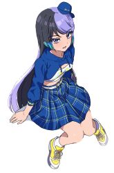 Rule 34 | 1girl, baseball cap, belt, black hair, blue hair, blue skirt, blunt ends, carron (pretty series), commentary request, dolldolldd, from above, full body, hat, highres, hood, hood down, invisible chair, korean commentary, long hair, long sleeves, looking at viewer, midriff, mini hat, multicolored hair, open mouth, plaid, plaid skirt, pleated skirt, pretty series, purple eyes, purple hair, shoes, shrug (clothing), simple background, sitting, skirt, smile, sneakers, solo, very long hair, waccha primagi!, white background, white belt, yellow footwear