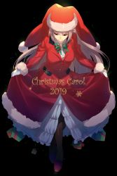 Rule 34 | 1girl, black background, bow, bowtie, curtsey, dress, echo (circa), english text, fate/grand order, fate (series), florence nightingale (fate), florence nightingale (santa) (fate), fur-trimmed sleeves, fur trim, gift, hat, long hair, pantyhose, pink hair, red dress, red eyes, santa hat, solo