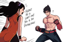 Rule 34 | 1boy, 1girl, ?, abs, ass, bare shoulders, belt, black eyes, black hair, black pantyhose, china dress, chinese clothes, dress, english text, fighting stance, fingerless gloves, from behind, gloves, hair ornament, hair scrunchie, highres, kazama jin, ling xiaoyu, long hair, muscular, muscular male, open mouth, orange dress, pants, pantyhose, pectorals, scrunchie, simple background, sweatdrop, tekken, tina fate, topless male, twintails, white background
