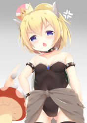 Rule 34 | 1girl, anger vein, bare shoulders, black leotard, black thighhighs, blonde hair, blue eyes, blurry, blurry foreground, bowsette, bracelet, breasts, child, collar, collarbone, covered navel, crown, fang, gluteal fold, gradient background, grey background, hair between eyes, hand on own hip, head tilt, high ponytail, highres, horns, jewelry, leotard, looking at viewer, mario (series), mini crown, mushroom, new super mario bros. u deluxe, nintendo, open mouth, ponytail, renew vivi, small breasts, solo, spiked bracelet, spiked collar, spiked tail, spikes, strapless, strapless leotard, super crown, tail, thighhighs, tilted headwear, v-shaped eyebrows, white background