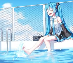 Rule 34 | 1girl, :d, ^ ^, absurdres, arm tattoo, bare legs, barefoot, black skirt, black sleeves, blue hair, blue sky, closed eyes, cloud, collared shirt, day, detached sleeves, hair between eyes, hair ornament, hatsune miku, highres, ille (xcpa7325), long hair, long sleeves, miniskirt, open mouth, outdoors, pleated skirt, poolside, shirt, sitting, skirt, sky, sleeveless, sleeveless shirt, smile, soaking feet, soles, solo, tattoo, twintails, very long hair, vocaloid, white shirt, wing collar