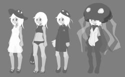 Rule 34 | 10s, 1girl, abyssal ship, adapted costume, alternate costume, bag, bodysuit, cape, character sheet, clipboard, collar, deel (rkeg), dress, full body, gloves, greyscale, hat, kantai collection, midriff, monochrome, no lineart, no outlines, platform footwear, sandals, short hair, shoulder bag, simple background, smile, solid oval eyes, sports bikini, sundress, swimsuit, tentacles, uniform, wavy mouth, white hair, wo-class aircraft carrier