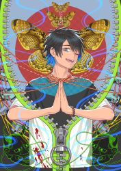 Rule 34 | 1boy, black hair, black nails, blood, blood splatter, blue eyes, bracelet, bug, butterfly, chopsticks, grey eyes, highres, insect, jewelry, male focus, minami (minami373916), multicolored hair, nail polish, one eye closed, open mouth, original, own hands together, red circle, short sleeves, smile, solo, two-tone hair, upper body, zipper