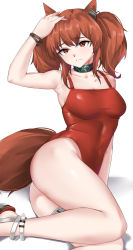 Rule 34 | 1girl, absurdres, angelina (arknights), angelina (summer flower) (arknights), animal ears, arknights, ass, black bracelet, blush, breasts, brown hair, casperrin, fox ears, fox girl, frown, highres, looking at viewer, lying, medium breasts, official alternate costume, on side, red eyes, simple background, solo, thighs, twintails, white background