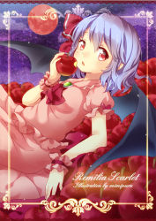 Rule 34 | 1girl, apple, ascot, bat wings, blue hair, brooch, dress, food, framed, fruit, full moon, jewelry, looking at viewer, mimi (mimi puru), moon, night, open mouth, pink dress, pink eyes, pudding, red moon, remilia scarlet, sitting, sky, solo, star (sky), starry sky, touhou, wings, wrist cuffs