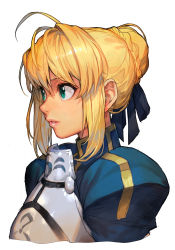 Rule 34 | 1girl, ahoge, armor, armored dress, artoria pendragon (all), artoria pendragon (fate), blonde hair, blue ribbon, braid, fate/stay night, fate (series), female focus, french braid, green eyes, hair ribbon, hungry clicker, looking to the side, ribbon, saber (fate), simple background, solo, upper body, white background