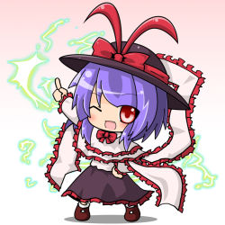 Rule 34 | 1girl, blush, bow, capelet, chibi, electricity, fang, female focus, hand on own hip, hat, hat bow, lightning, nagae iku, open mouth, purple hair, red eyes, ribbon, saturday night fever, scarf, seputok0904, short hair, skirt, smile, solo, touhou