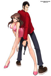 Rule 34 | 1boy, 1girl, arched back, arsene lupin iii, back-to-back, brown hair, dress, gun, handgun, high heels, jacket, leaning forward, legs, long legs, looking back, lupin iii, mine fujiko, pistol, red jacket, ryu (ryu&#039;s form site), shoes, short dress, sideburns, skinny, slender, tms entertainment, walther, weapon
