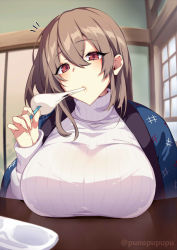 Rule 34 | 1girl, architecture, blush, bra visible through clothes, breast rest, breasts, breasts on table, brown hair, east asian architecture, eating, food, hair between eyes, head tilt, highres, japanese clothes, kimono, large breasts, long hair, long sleeves, looking at viewer, mochi, original, puuzaki puuna, red eyes, solo, sweater, white sweater