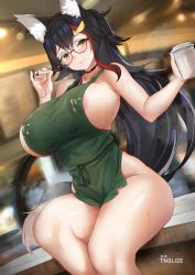 Rule 34 | 1girl, :3, alternate breast size, animal ear fluff, animal ears, apron, areola slip, artist name, bespectacled, black-framed eyewear, black choker, black hair, blush, breasts, choker, closed mouth, cup, disposable cup, fang, flipped hair, glasses, green apron, hair between eyes, hair ornament, hairclip, highres, hololive, huge breasts, iced latte with breast milk (meme), indoors, lactation, lactation through clothes, long hair, looking at viewer, meme, multicolored hair, naked apron, on table, ookami mio, patreon logo, pen, pixiv logo, pixiv username, red hair, sidelocks, signature, sitting, solo, streaked hair, sweat, table, tail, thighs, tnolize, very long hair, virtual youtuber, wolf ears, wolf girl, wolf tail, yellow eyes