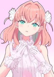 Rule 34 | 1girl, absurdres, aqua eyes, crossed bangs, dress, frilled dress, frilled gloves, frills, glove bow, gloves, gradient background, green eyes, hair ornament, hand on own chest, highres, hinoshita kaho, kur0u, layered dress, light blush, link! like! love live!, link to the future (love live!), looking at viewer, love live!, medium hair, open mouth, orange hair, pink background, pink dress, sleeveless, sleeveless dress, smile, solo, two side up, upper body, virtual youtuber, white background, white dress, white gloves