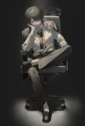 Rule 34 | 1boy, arm support, belt, black hair, chair, character request, cigarette, collared shirt, commentary request, copyright request, crossed legs, dark background, formal, full body, highres, jacket, jacket on shoulders, long sleeves, loose necktie, male focus, necktie, office chair, on chair, pants, shirt, short hair, sitting, smoke, smoking, solo, spotlight, suit, suteinua, swivel chair, white shirt