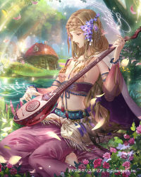 Rule 34 | 1girl, bad id, bad pixiv id, barefoot, blonde hair, breasts, cape, esha, flower, forest, green eyes, hair flower, hair ornament, highres, house, instrument, long hair, mandolin, musical note, nature, navel, official art, open mouth, original, revealing clothes, river, sideboob, sitting, small breasts, solo, tenkuu no crystalia, very long hair, yokozuwari