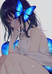 Rule 34 | 1girl, achiki, bare shoulders, black hair, blue eyes, blue nails, butterfly hair ornament, dress, hair ornament, long hair, looking at viewer, nail polish, off shoulder, original, simple background, sleeveless, sleeveless dress, solo, spaghetti strap, thighs, white dress