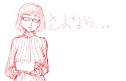 Rule 34 | 1girl, closed eyes, glasses, handheld game console, monochrome, monoelain, nikki (swapnote), nintendo, nintendo 3ds, open mouth, red theme, ribbed sweater, short hair, simple background, sketch, smile, solo, swapnote, sweater, tears, translated, white background