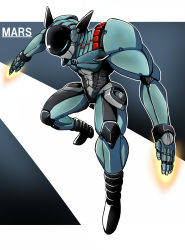 Rule 34 | atom: the beginning, blue background, character name, fighting stance, full body, jetter mars, jetter mars (robot), mars (atom: the beginning), meikuu (t070299), no humans, simple background, tetsuwan atom, two-tone background, white background