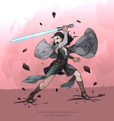 Rule 34 | 1girl, 2017, animification, artist name, bandaged arm, bandages, belt, black hair, blue eyes, boots, breasts, cloak, copyright notice, crack, cracked floor, energy sword, english text, greenwall, lightsaber, long hair, multiple belts, rey (star wars), rock, round teeth, signature, small breasts, solo, star wars, star wars: the last jedi, sword, teeth, weapon
