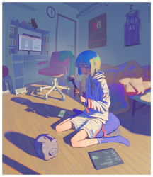 Rule 34 | 1other, @ @, absurdres, air conditioner, ambiguous gender, black cat, blue eyes, blue hair, blue socks, book, border, cat, chair, clock, commentary, covering own eyes, full body, hammer, highres, holding, holding hammer, hood, hood down, hooded jacket, indoors, jacket, kenharu, long sleeves, looking at object, open mouth, original, piggy bank, poster (object), shadow, short hair, sitting, smile, socks, solo, sunlight, tablet pc, tears, television, wall clock, wariza, white border, white jacket
