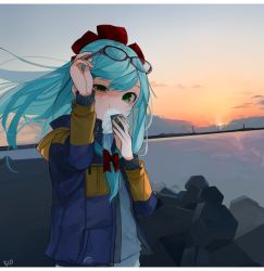 Rule 34 | 1girl, alternate costume, aqua hair, bad id, bad twitter id, bow, cloud, contemporary, covered mouth, eating, eyewear lift, eyewear on head, food, gotou (nekocat), gradient sky, green eyes, grey-framed eyewear, hair bow, hand up, holding, holding food, horizon, jacket, kagiyama hina, long hair, looking at viewer, onigiri, open clothes, open jacket, outdoors, pocket, red bow, rock, scenery, sky, solo, standing, sun, sunrise, touhou, uneven eyes, upper body, water