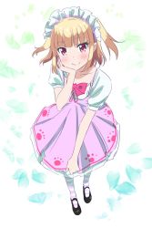 Rule 34 | 1girl, black footwear, blush, bow, bowtie, closed mouth, commentary request, dress, hand up, headdress, highres, iijima yun, looking at viewer, makicha (sasurainopink), new game!, pantyhose, pinafore dress, pink skirt, red eyes, shoes, short hair, short sleeves, skirt, sleeveless, sleeveless dress, smile, solo, standing, striped clothes, striped legwear, striped pantyhose