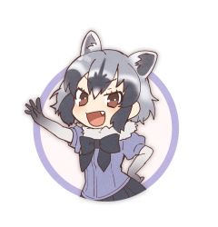 Rule 34 | 10s, 1girl, :d, animal ears, arm up, black bow, black bowtie, black gloves, black hair, bow, bowtie, brown eyes, common raccoon (kemono friends), doremifa rondo (vocaloid), extra ears, fang, fur collar, gloves, grey hair, hand on own hip, kemono friends, looking at viewer, multicolored hair, official art, open mouth, raccoon ears, short hair, short sleeves, smile, solo, tama (songe), vocaloid, white background