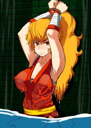 Rule 34 | 1girl, armpits, arms up, blonde hair, blush, bound, bound wrists, breasts, cleavage, eye (mememem), final fight, genryuusai maki, highres, large breasts, long hair, messy hair, ninja, nipples, pelvic curtain, ponytail, red eyes, solo, water, wet, wet clothes