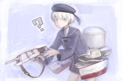 Rule 34 | 10s, 1girl, ?, akiho hayuu, bad id, bad pixiv id, beret, blue eyes, blush, bottomless, buttons, hat, holding, holding weapon, kantai collection, leaning, leaning forward, long sleeves, looking at viewer, machinery, military, military uniform, neckerchief, sailor collar, sailor hat, short hair, solo, turret, uniform, weapon, white hair, z1 leberecht maass (kancolle)