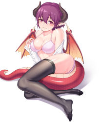 Rule 34 | 1girl, between legs, black thighhighs, blush, bra, breasts, cleavage, collarbone, dragon horns, dragon tail, dragon wings, feet, granblue fantasy, grea (shingeki no bahamut), highres, horns, large breasts, lying, manaria friends, no shoes, on side, open clothes, open shirt, panties, pink bra, pink panties, pointy ears, purple eyes, purple hair, shingeki no bahamut, shirt, short hair, simple background, solo, tail, tail between legs, thighhighs, underwear, wavy mouth, white background, white shirt, wings, yokuu