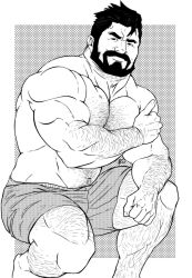 Rule 34 | 1boy, abs, absurdres, arm hair, bara, beard, body hair, boxers, chest hair, dragmire, facial hair, feet out of frame, greyscale, hairy, highres, large pectorals, leg hair, male focus, male underwear, mature male, monochrome, muscular, muscular male, mustache, navel hair, nipples, old, old man, original, pectoral squeeze, pectorals, short hair, smile, solo, squatting, stomach, thighs, thumbs up, topless male, underwear, wrinkled skin