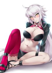 Rule 34 | 1girl, absurdres, ahoge, arm support, bikini, black bikini, black choker, black footwear, black gloves, black jacket, blush, breasts, cameltoe, choker, cropped jacket, embarrassed, fate/grand order, fate (series), gloves, hair between eyes, halterneck, halterneck, head tilt, highres, jacket, jeanne d&#039;arc alter (swimsuit berserker) (fate), jeanne d&#039;arc (fate), jeanne d&#039;arc alter (fate), jeanne d&#039;arc alter (swimsuit berserker) (fate), lace, lace-trimmed legwear, lace trim, large breasts, legs, long hair, looking at viewer, navel, nose blush, o-ring, o-ring bikini, o-ring bottom, o-ring footwear, o-ring top, red thighhighs, sandals, shrug (clothing), silver hair, single thighhigh, sitting, skindentation, solo, spread legs, swimsuit, thigh strap, thighhighs, very long hair, white background, xkit, yellow eyes