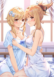 Rule 34 | 2girls, bare arms, bare shoulders, bed sheet, blonde hair, blue bow, blue dress, blush, bow, breasts, brown eyes, chahei, cleavage, closed mouth, commentary request, curtains, dress, flower, genshin impact, hair flower, hair ornament, highres, indoors, lumine (genshin impact), medium breasts, multiple girls, ponytail, short sleeves, sidelocks, sleeveless, sleeveless dress, smile, white dress, white flower, window, yoimiya (genshin impact)