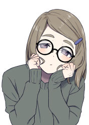 Rule 34 | 1girl, bad id, bad pixiv id, black-framed eyewear, blush, brown hair, closed mouth, expressionless, glasses, hair ornament, hairclip, half-closed eyes, hands on own cheeks, hands on own face, hands up, head tilt, highres, long sleeves, looking at viewer, natuich, original, purple eyes, round eyewear, short hair, simple background, sleeves past wrists, solo, sweater, swept bangs, thick eyebrows, upper body, white background