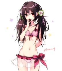 Rule 34 | 10s, 1girl, alternate hairstyle, arm behind back, bikini, bikini skirt, black hair, blush, bow, flower, frilled bikini, frills, front-tie top, hair flower, hair ornament, hario 4, holding, holding hair, long hair, looking at viewer, love live!, love live! school idol project, low twintails, navel, red eyes, see-through, solo, star (symbol), swimsuit, twintails, white background, yazawa nico