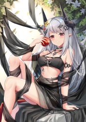 Rule 34 | 1girl, apple, arknights, arm support, bare shoulders, bikini, black bikini, black choker, black ribbon, breasts, chinese commentary, choker, commentary request, female focus, flower, food, fruit, hair flower, hair ornament, hand up, highres, holding, holding food, holding fruit, horns, jewelry, leaf, long hair, looking at viewer, material growth, medium breasts, midriff, mudrock (arknights), mudrock (silent night) (arknights), necklace, official alternate costume, oripathy lesion (arknights), pointy ears, red eyes, red flower, ribbon, sarong, shaoxiao, silver hair, sitting, solo, swimsuit, white flower, yellow flower