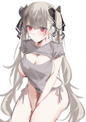 Rule 34 | 1girl, absurdres, arms between legs, azur lane, breasts, cleavage, cleavage cutout, clothing cutout, earrings, formidable (azur lane), grey hair, hair ribbon, highres, jewelry, large breasts, long hair, meme attire, miyasaka miyabi, pale skin, red eyes, ribbon, sitting, twintails, two-tone ribbon, unfinished, very long hair, virgin killer sweater, white background