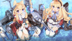 Rule 34 | &gt;:d, 2girls, :d, air bubble, azur lane, blonde hair, blowing bubbles, blue eyes, blurry, blush, bow, bubble, caustics, commentary request, crown, cup, day, depth of field, detached collar, epaulettes, fang, fringe trim, from above, gloves, gold trim, hair between eyes, hair bow, highres, holding, holding cup, holding plate, kisetsu, kneeling, legs together, long hair, mini crown, multiple girls, ocean, official art, official wallpaper, open mouth, outdoors, plate, purple eyes, queen elizabeth (azur lane), rigging, saucer, scarf, seiza, shallow water, ship, sitting, smile, tea, teacup, thighhighs, thighs, v-shaped eyebrows, wakamezake, warspite (azur lane), water, watercraft, wavy hair, white bow, white gloves, white legwear, white scarf