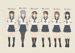 Rule 34 | 10s, 6+girls, absurdres, alternate costume, arm behind back, ayanami (kancolle), beret, black footwear, black socks, blouse, blue hair, brown hair, character name, chart, commentary request, female focus, flat color, fubuki (kancolle), full body, gloves, hat, height chart, height difference, highres, kantai collection, key kun, kneehighs, lineup, long hair, looking at viewer, multiple girls, murakumo (kancolle), neckerchief, oboro (kancolle), open mouth, pantyhose, pleated skirt, ponytail, sailor collar, salute, school uniform, serafuku, shikinami (kancolle), shirt, shoes, short hair, skirt, smile, socks, standing, thigh gap, translated, uniform, ushio (kancolle), white gloves, white shirt