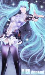 Rule 34 | 1girl, aqua eyes, aqua hair, belt, breasts, bridal gauntlets, character name, elbow gloves, female focus, fingerless gloves, gloves, hatsune miku, hatsune miku (append), highres, long hair, navel, necktie, smile, solo, twintails, very long hair, vocaloid, vocaloid append, yusao
