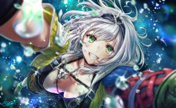 Rule 34 | 1girl, :d, arms up, bikini, bikini top only, blue hairband, blurry, blurry foreground, blush, breasts, buru-dai, chain, chain necklace, cleavage, commentary request, final fantasy, final fantasy x, floating hair, from above, front-tie bikini top, front-tie top, green eyes, grin, hairband, highres, hololive, jacket, jewelry, large breasts, long hair, looking at viewer, necklace, open clothes, open jacket, open mouth, outstretched arms, selfie, shirogane noel, shirogane noel (summer 2020), shoes, signature, smile, solo, swimsuit, virtual youtuber, yellow jacket