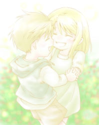 Rule 34 | 1boy, 1girl, aged down, alphonse elric, blonde hair, child, closed eyes, fullmetal alchemist, happy, holding hands, hood, open mouth, overalls, short hair, shorts, simple background, smile, square enix, white background, winry rockbell