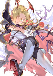 Rule 34 | 1boy, ahoge, bad id, bad pixiv id, bat (animal), blouse, cape, closed mouth, cosplay, crossed arms, edward elric, emmmerald, fullmetal alchemist, granblue fantasy, head wings, long hair, long sleeves, looking at viewer, male focus, mechanical arms, nail polish, pantyhose, pink nails, ponytail, shirt, shoes, single mechanical arm, smile, solo, veight, veight (cosplay), white background, white pantyhose, white shirt, wings, yellow eyes