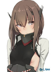 Rule 34 | 1girl, 4690 (tkpbsk), blush, breasts, brown eyes, brown hair, closed mouth, hair between eyes, headband, headgear, kantai collection, looking to the side, medium hair, simple background, small breasts, solo, taihou (kancolle), twitter username, upper body, white background