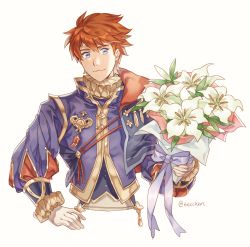 Rule 34 | 1boy, absurdres, armor, bad id, bad twitter id, blue eyes, cape, eliwood (fire emblem), eliwood (valentine) (fire emblem), fire emblem, fire emblem: the blazing blade, fire emblem heroes, flower, highres, looking at viewer, male focus, nintendo, red hair, short hair, smile, solo, tecchen, white background