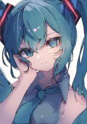 Rule 34 | 1girl, blue eyes, blue hair, blue necktie, closed mouth, collared shirt, grey shirt, hair between eyes, hand on own cheek, hand on own face, hatsune miku, highres, katorea, long hair, looking at viewer, necktie, portrait, shirt, signature, simple background, sleeveless, sleeveless shirt, solo, twintails, vocaloid, white background, wing collar