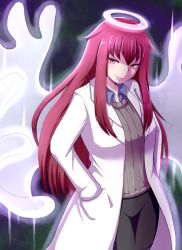 Rule 34 | 1girl, breasts, collared shirt, halo, hands in pockets, highres, lab coat, long hair, looking at viewer, medium breasts, mon-musu quest!, monster girl, open mouth, promestein, raichi (ddq0246), red eyes, red hair, shirt, sidelocks, simple background, smile, solo, sweater, wings