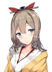 Rule 34 | 10s, 1girl, bad id, bad twitter id, blue eyes, blush, bow, brown hair, collarbone, hair between eyes, hair bow, hatakaze (kancolle), highres, inactive account, japanese clothes, kantai collection, kimono, long hair, looking at viewer, meiji schoolgirl uniform, orihi chihiro, parted lips, ponytail, simple background, solo, teeth, upper body, white background, yellow kimono