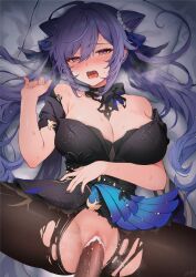 Rule 34 | 1boy, 1girl, ayomo ro, bare shoulders, black choker, black pantyhose, blush, breasts, censored, choker, cleavage, collarbone, cum, cum in pussy, diamond-shaped pupils, diamond (shape), double bun, dress, genshin impact, hair bun, hetero, highres, keqing (genshin impact), keqing (opulent splendor) (genshin impact), large breasts, long hair, looking at viewer, missionary, mosaic censoring, official alternate costume, open mouth, pantyhose, penis, purple eyes, purple hair, sex, solo focus, symbol-shaped pupils, torn clothes, torn pantyhose, twintails, vaginal