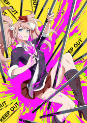 Rule 34 | 10s, 1girl, bad id, bad pixiv id, blood, blue eyes, boots, breasts, cleavage, colored blood, danganronpa: trigger happy havoc, danganronpa (series), enoshima junko, hair ornament, high heel boots, high heels, knee boots, md5 mismatch, medium breasts, mon (sugimo321), necktie, pink blood, pink hair, ringed eyes, shoes, skirt, sleeves rolled up, solo, twintails