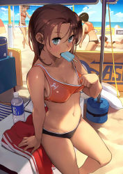 Rule 34 | 1girl, 4girls, aqua eyes, arm support, armband, ass, beach, beach volleyball, bikini, bikini pull, blue sky, blurry, bottle, breasts, brown hair, clothes pull, dark-skinned female, dark skin, day, depth of field, eating, food, food in mouth, highres, horizon, jumping, leg up, looking at viewer, medium breasts, midriff, mouth hold, multiple girls, navel, ocean, original, outdoors, playing sports, popsicle, revision, sand, shore, sketch, sky, solo focus, sports bikini, sportswear, stomach, sweat, sweatdrop, swimsuit, tan, tanline, tetsuo (amenohutikoma), volleyball, volleyball net, volleyball uniform, water, water bottle